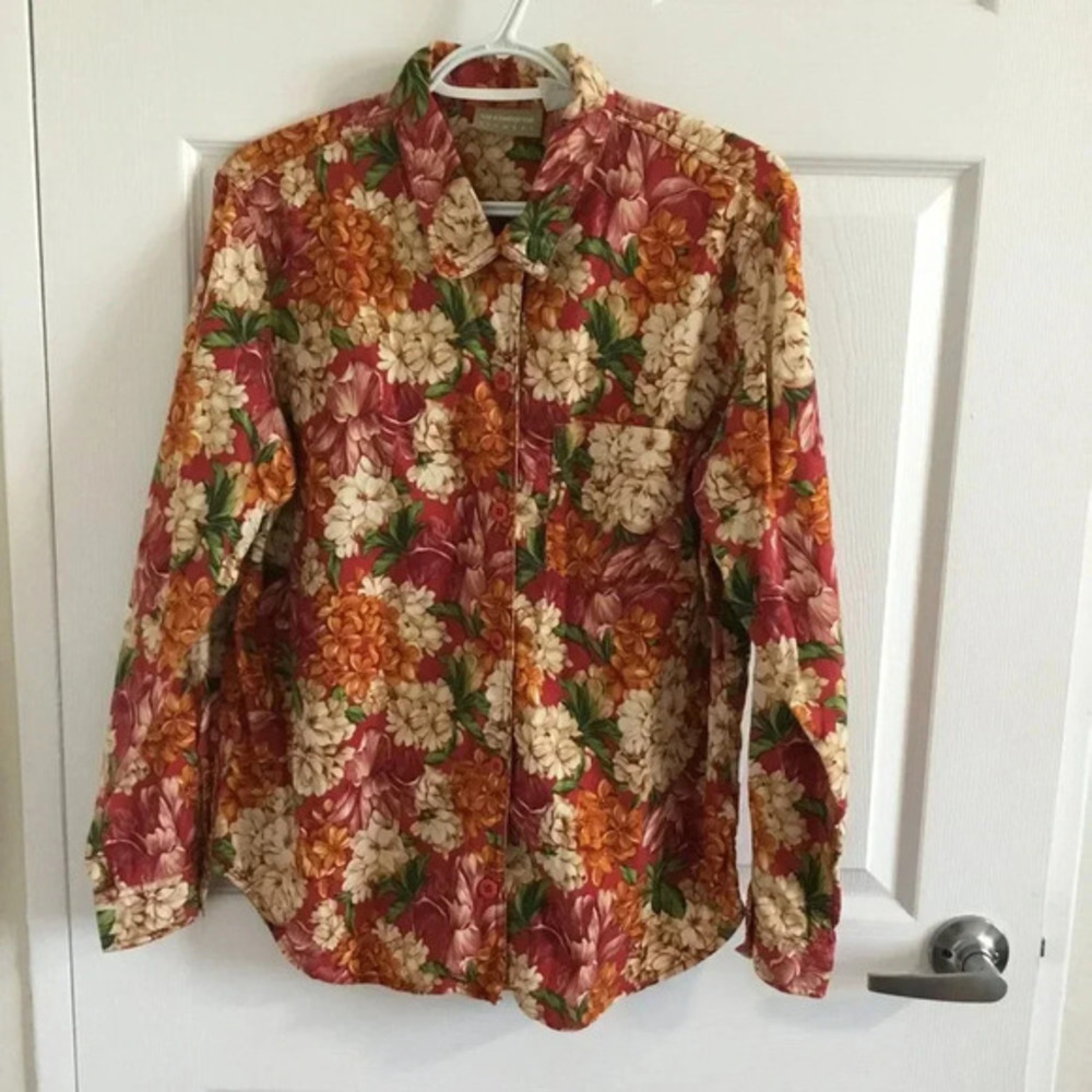 Vintage Liz Claiborne Lizwear Red Floral Button-Up Shirt 100 % Cotton Red Sz L